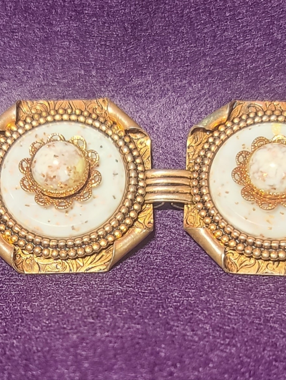 Boho Brassy Filigree Paneled Wide Bracelet Set Cream Stones Etched VTG Fabulous